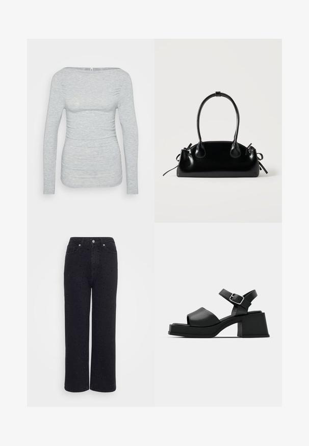 Top de manga larga gris claro hecho de una tela suave y texturizada. Presenta un escote barco y detalles fruncidos en los costados para una silueta ajustada.; Pantalones de mezclilla negra de pierna ancha con una cintura alta, que presentan acentos decorativos de tachuelas en todo su diseño y una textura suave.; Sandalias de plataforma de cuero negro con diseño de puntera abierta, correa en el tobillo y un tacón cuadrado grueso. Textura suave y estilo minimalista.; Pequeño bolso negro brillante con dos asas largas y detalles de cordón lateral sobre un fondo claro liso.