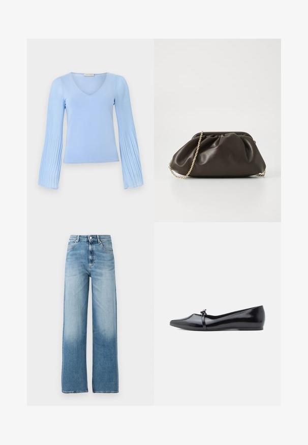 Lyseblå langærmet top med V-hals og plisserede, udvidede ærmer, vist mod en ensfarvet baggrund.; Lysblå, vide jeans med høj talje. Lavet af denim, med knaplukning og fem lommer. Fades mod bunden.; Sort laklæderballerina med spids tå, dekorativ rem og glat tekstur. Minimalistisk design uden synlige detaljer.; Brun læderhandtaske med en sammensnøring, guld kædestrop og blød, struktureret overflade. Kompakt form velegnet til aftensbrug.
