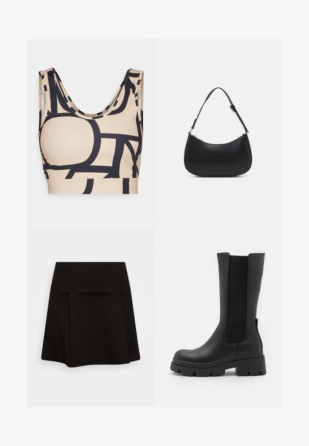 Beež sportlik rinnahoidja julge musta abstraktse mustriga, ümmargune kaelus ning laiad rihmad, valmistatud venivast ja siledast kangast.; Hollister Co. MINI SKIRT - Miniseelik - black; ONLY SHOES ONLDOJA - Platvormsaapad - black; Pieces PCALUANA SHOULDER BAG - Käekott - black