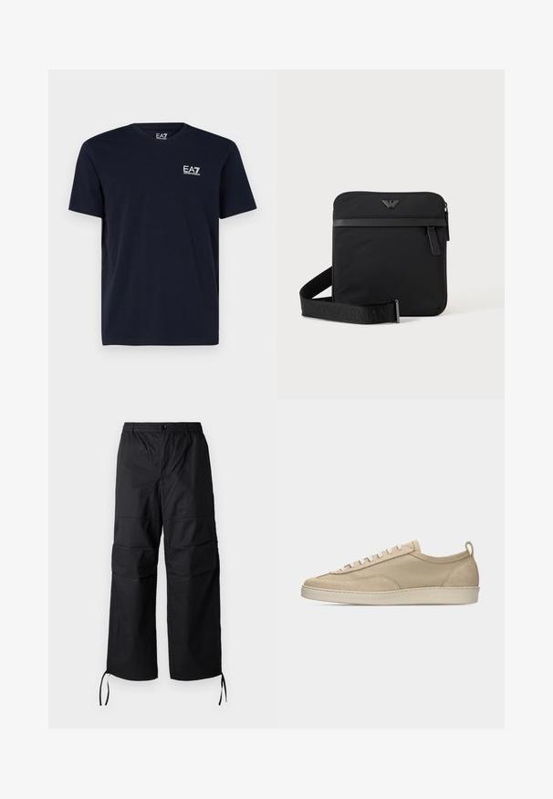 Čierne tričko s krátkym rukávom a okrúhlym výstrihom s malým bielym logom EA7 Emporio Armani na ľavej strane hrudníka.; Čierne cargo nohavice vyrobené z ľahkého materiálu, s širokými nohavicami, elastickým pásom a nastaviteľnými šnúrkami na manžetách. Dvoje bočné vrecká.; Béžová nízka teniska s textilným a semišovým zvrškom, bielymi šnúrkami, gumovou podrážkou a pútkom na päte, zobrazená v bočnom profile na bielom pozadí.; Čierna štvorcová kabelka cez rameno so zipsom, predným vreckom a nastaviteľným popruhom s vyrazeným názvom značky.