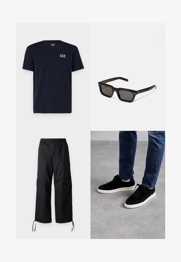 T-shirt noir à manches courtes et col rond avec petit logo blanc EA7 Emporio Armani sur la poitrine gauche.; Pantalons cargo noirs en tissu léger, dotés de jambes larges, d'une taille élastique et de cordons de serrage ajustables aux poignets. Deux poches latérales.; Des baskets en suède noir avec une semelle en caoutchouc blanc, présentant un design classique à talon bas, un bout rond et des lacets plats noirs.; Lunettes de soleil noires rectangulaires avec des verres foncés, monture en plastique épais, accents dorés sur les branches et logo de la marque gravé sur le bras.