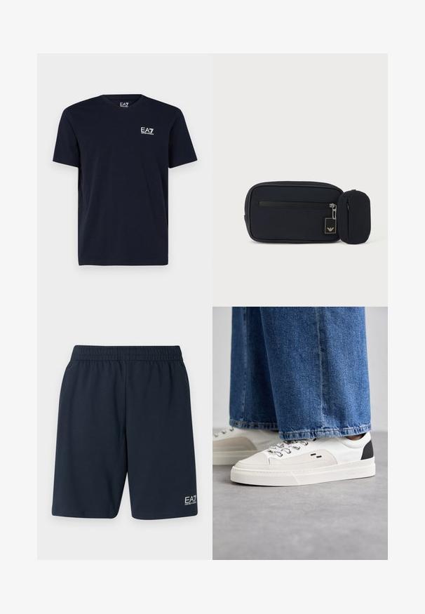 T-shirt noir à manches courtes et col rond avec petit logo blanc EA7 Emporio Armani sur la poitrine gauche.; Shorts bleu marine à taille élastique fabriqués en tissu doux, dotés de poches latérales et d'un petit logo EA7 blanc en bas de la jambe gauche.; Baskets blanches et noires avec une tige en cuir lisse, des accents texturés et une semelle épaisse blanche. Présentent un design classique à lacets.; Pochette rectangulaire noire avec fermeture éclair avant et petite pochette arrondie attachée, sur un fond clair uni.