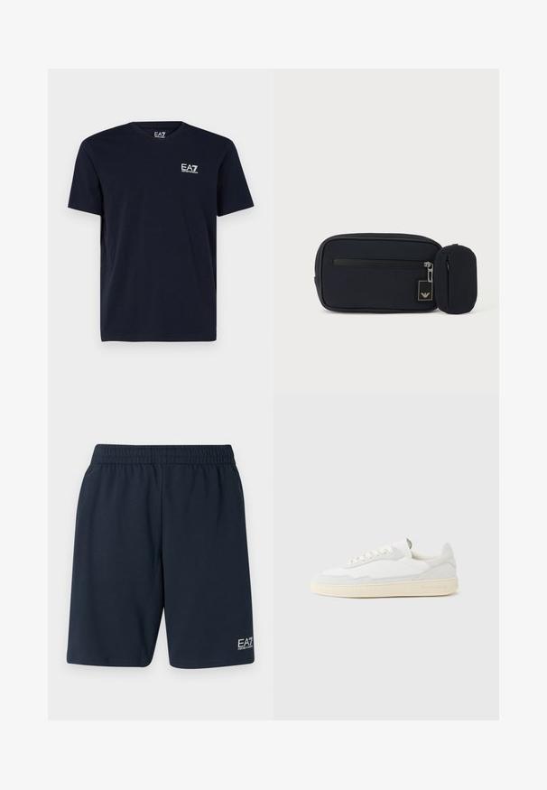 Sort T-shirt med korte ærmer og rund halsudskæring med lille hvid EA7 Emporio Armani-logo på venstre bryst.; Marineblå shorts med elastisk talje lavet af blødt stof, med sidelommer og et lille hvidt EA7-logo på nederste venstre ben.; Hvid sneakers med en øvre del i tekstureret ruskind og læder. Har rundet tå, snørelukning og kontrasterende beige gummisål.; Sort rektangulær pung med frontlynlås og lille tilknyttet rundet pung mod en ensartet lys baggrund.