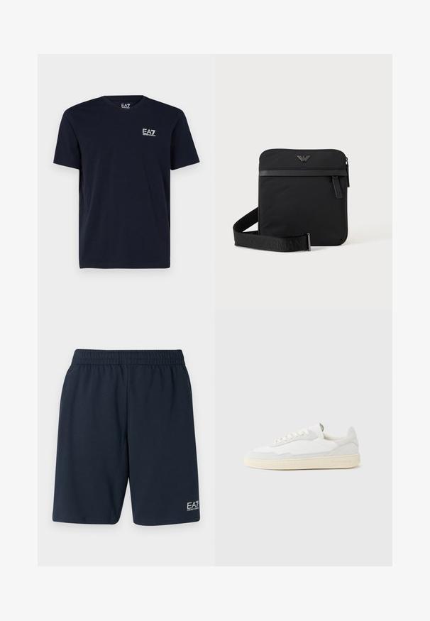 Must musta lühikeste varrukatega ümara kaelusega T-särk, mille vasakul rinnal on väike valge EA7 Emporio Armani logo.; Tumed sinised elastse vööga lühikesed püksid, mis on valmistatud pehmest kangast ja millel on küljetaskud ning väike valge EA7 logo vasakul alajalgadel.; Valge tennisejalanõu, mille ülemine osa on valmistatud tekstuurse seemisnahast ja nahast. Omab ümarat ninaosa, paeltega sulgurit ja kontrastset beeži kummist tallaga.; Must ruudukujuline õlakott tõmblukuga, esitasku ja reguleeritava rihmaga, millel on reljeefne kaubamärgi nimi.