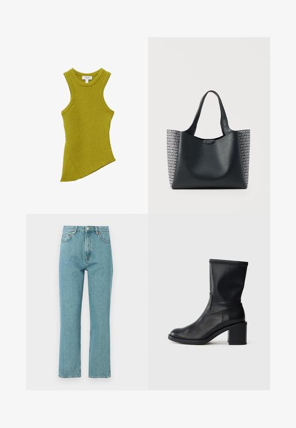 Ærmeløs ribstrikket top i limegrøn med asymmetrisk kant og rund halsudskæring.; Lyseblå, høj talje jeans med lige ben-design. Lavet af denim, featuring forlommer og knaplukning.; Sort læder ankelstøvle med rund tå, glat tekstur og en grov hæl, der har et tætsiddende skaft og subtil syning.; Sort tekstureret tote taske med to håndtag og grå stofflanker med gentaget DKNY-logo mønster.