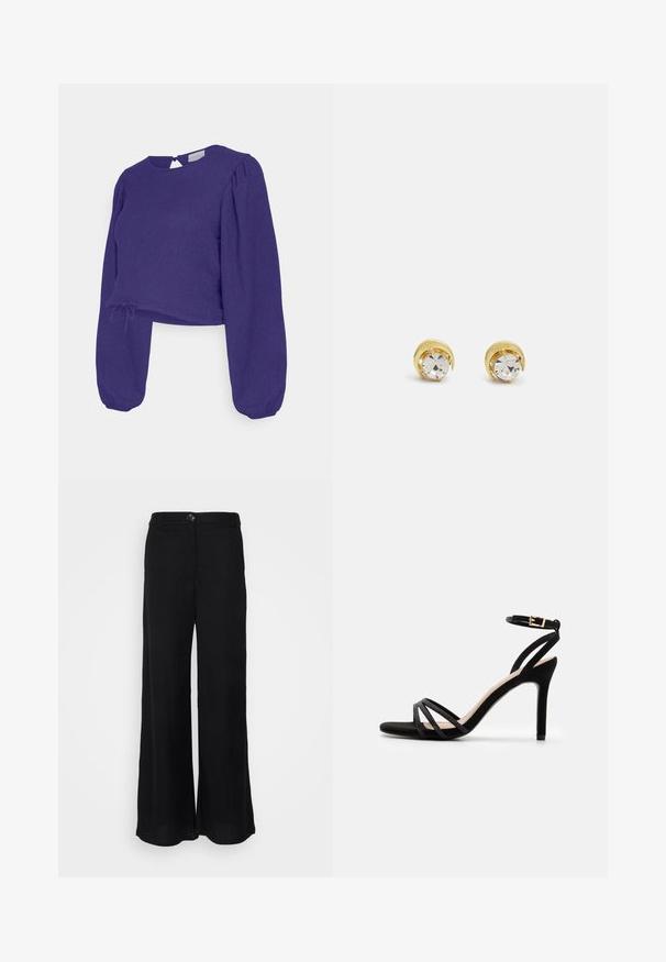 MAMALICIOUS MLBARI CROP - Camiseta de manga larga - astral aura; Pantalones de pierna ancha negros hechos de una tela ligera, con una textura suave, cierre de botón en la parte delantera y bolsillos laterales.; Anna Field Sandalias - black; Pendientes en tono dorado que presentan un cristal transparente y redondo, diseñado en una forma curva y abierta. Los cristales están rodeados de sutiles acentos decorativos.