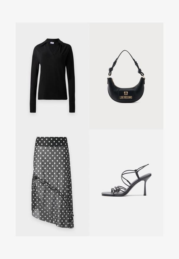 Top noir à manches longues avec col en V et col en tissu lisse, présenté sur un fond clair uni.; Jupe à pois noirs avec une superposition transparente, dotée d'une ceinture large et d'un design asymétrique en couches. Texture lisse et matériau léger.; Des sandales noires à talons hauts avec des fines lanières au design noué, un bout carré lisse et un talon aiguille élégant.; Sac à main noir demi-lune avec poignée nouée et plaque logo dorée "Love Moschino" sur le devant, fermeture éclair en haut.