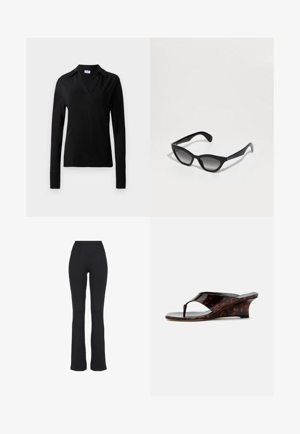Top negro de manga larga con escote en V y cuello, hecho de tela lisa, mostrado sobre un fondo claro y liso.; Pantalones de yoga negros de talle alto y ajustados con piernas acampanadas, presentados sobre un fondo blanco.; Sandalia de cuña para mujer con estampado carey, puntera abierta y tira en forma de T, mostrada de lado sobre un fondo blanco.; Gafas de sol estilo cat-eye negras con lentes grises degradados, fabricadas de plástico, con un branding dorado en las patillas y un acabado liso y brillante.
