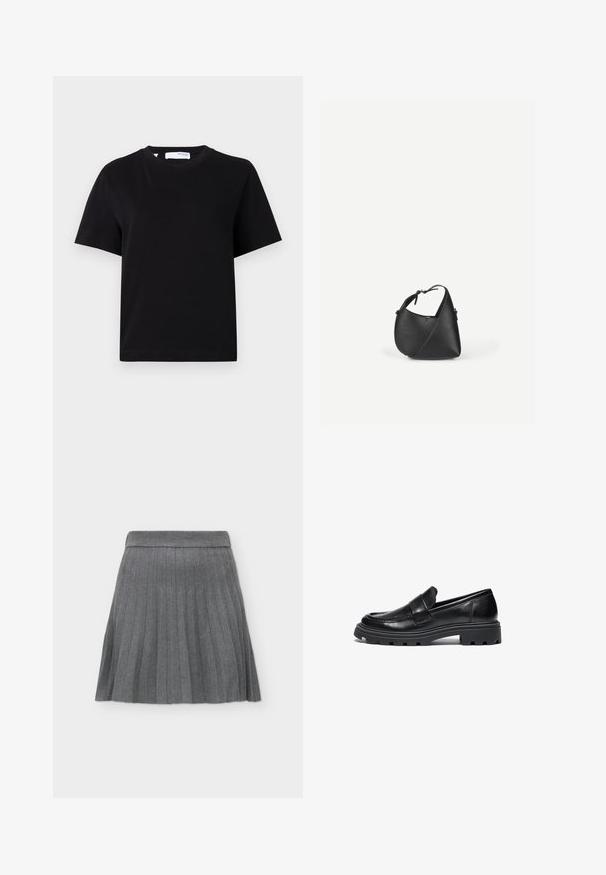 Simpel sort t-shirt med korte ærmer, rund hals, afslappet pasform og lille nakkemærke.; Grå plisseret nederdel med bred linning, knælængde, lavet af blødt stof, vist mod en ensfarvet lys baggrund.; Sorte læder loafers med rund tå, syede detaljer og en kraftig gummisål med et tekstureret trækmønster.; Sort skuldertaske i læder med en afrundet trekantet form og justerbar rem på en ensartet lys baggrund.