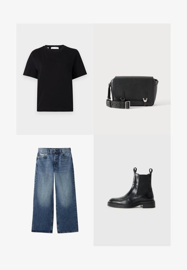 T-shirt noir uni à manches courtes avec col rond, coupe décontractée et petite étiquette au col.; Jean en denim bleu à jambes larges avec bouton devant, fermeture éclair, passants de ceinture et design à cinq poches, incluant un petit logo Calvin Klein sur la poche à monnaie.; Bottine Chelsea noire en cuir avec panneaux élastiques sur les côtés et tirants, sur fond blanc, vue de côté.; Sac bandoulière en cuir noir avec rabat avant, deux fermoirs métalliques et bandoulière ajustable à motif sur fond uni clair.