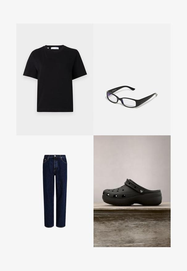 Simpel sort t-shirt med korte ærmer, rund hals, afslappet pasform og lille nakkemærke.; Mørkeblå denim jeans med lige ben-design, der har høj talje, fem-lomme-stil og kontrastsyninger. Ingen dekorationer.; Sort gummiklæde med ventilationshuller, hævet hæl, rygrem og tekstureret sål. Glat overflade med et minimalistisk design.; Sorte rektangulære briller med klare linser. Blank finish, smalle stænger, og lilla nuance synlig i kanterne af linsen.