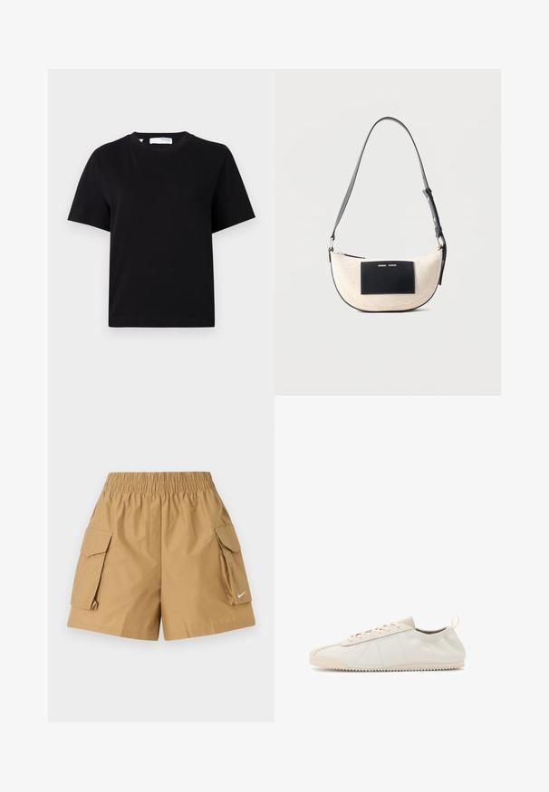 Camiseta negra lisa de manga corta con cuello redondo, ajuste relajado y una pequeña etiqueta en el cuello.; Bermudas de color canela con cinturilla elástica, dos bolsillos laterales y un pequeño logo blanco. Fabricadas con una tela ligera y texturizada.; Zapatillas de cuero crema con puntera redondeada, diseño de cordones, acentos texturizados y suela de goma texturizada con patrón de tracción en zigzag.; Bolso de hombro beige en forma de media luna con correa negra ajustable y parche rectangular negro en la parte delantera con texto blanco pequeño.