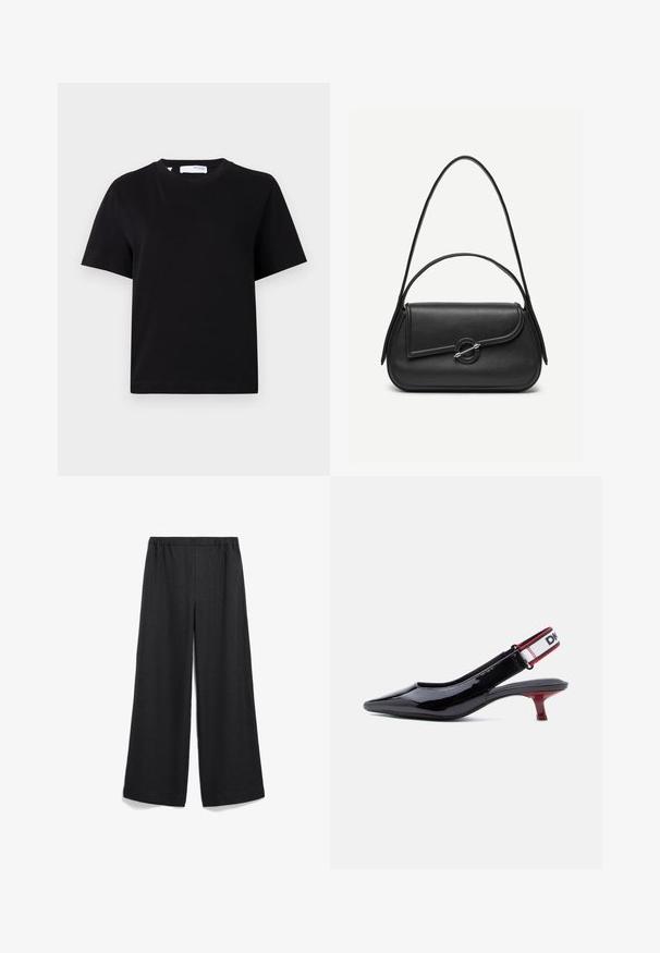 Schlichtes schwarzes T-Shirt mit kurzen Ärmeln, Rundhalsausschnitt, lockerer Passform und kleinem Nackenetikett.; Weiter Schnitt, schwarze Hose mit elastischem Bund. Hergestellt aus leichtem Stoff, mit glatter Textur und ohne sichtbare Muster oder Akzente.; Schwarzer Lacklederslingback-Schuh mit spitzer Kappe, rotem Kitten-Heel und elastischem weißen Riemen mit schwarzem und rotem Rand.; Schwarze Lederhandtasche mit abgerundeten Kanten, asymmetrischem Überschlag, metallfarbenem runden Verschluss und kurzen sowie langen Schulterriemen.