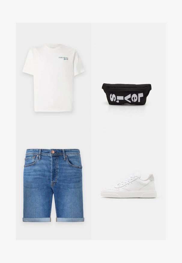 Weißes Baumwoll-T-Shirt mit Rundhalsausschnitt. Auf der Vorderseite steht in grüner Schrift: "PARK MOTEL Resort." Es hat kurze Ärmel und eine lockere Passform. Glatte Textur.; Denim-Shorts in einem mittleren Blauton mit umgeschlagenen Säumen, Fünf-Taschen-Design, Messingknopfverschluss und kontrastierenden Nähten.; Weiße Leder-Sneaker mit glatter Oberfläche, rundem Zehenbereich, flachen Schnürsenkeln und strukturiertem Schuhsohlen. Graues Wildleder-Detail an der Ferse.; Schwarze Stofftasche mit flacher Form, mit fettgedrucktem weißen Text. Der Reißverschluss befindet sich oben, mit einer Schlaufe an einer Seite.