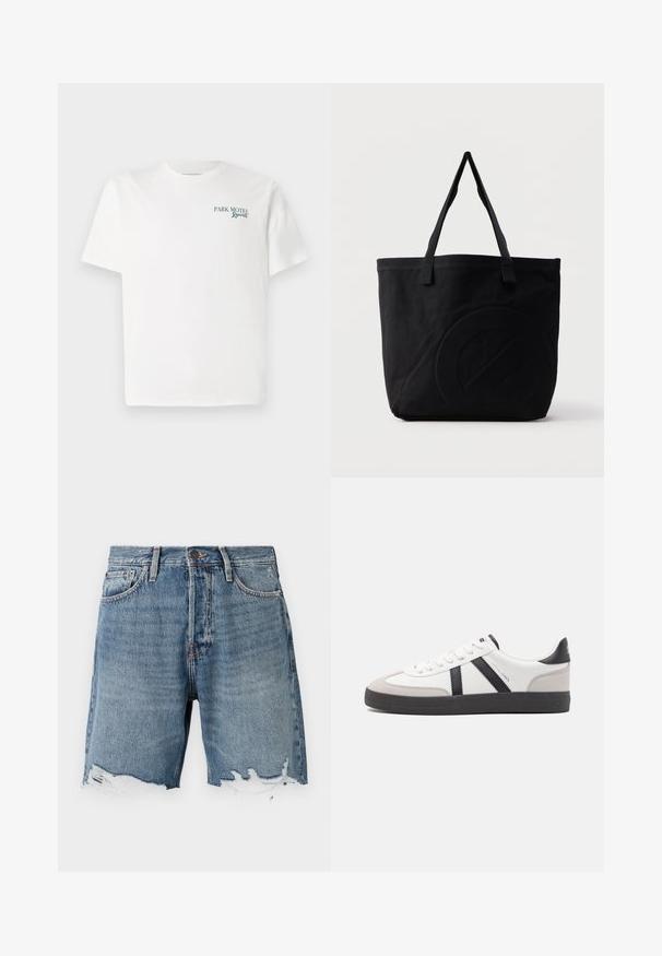 Hvid bomulds t-shirt med rund hals. Foran står der grøn tekst: "PARK MOTEL Resort." Kortærmede og med en afslappet pasform. Glat tekstur.; Lys blå denimshorts med en slidt kant, fem-lomme design og synlig syning. Har en knaplukning i taljen.; Hvide sneakers med sorte og grå detaljer, med en tekstureret grå tåhætte, sort gummisål og flade hvide snørebånd. Rent design, minimalistisk stil.; Sort canvas-tote-taske med to skulderstropper og et diskret præget cirkeldesign på fronten.