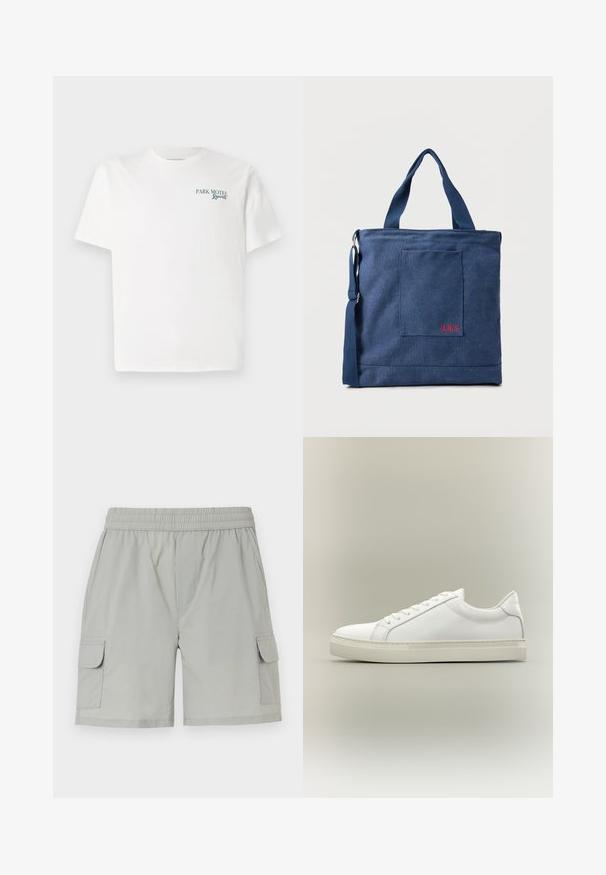 Witte katoenen t-shirt met een ronde hals. Aan de voorkant staat groene tekst: "PARK MOTEL Resort." Korte mouwen en een relaxte pasvorm. Soepele textuur.; Lichtgrijze cargo shorts met een elastische tailleband, twee zijzakken en twee cargozakken met flappen voor extra functionaliteit.; Witte lage sneaker met veters aan de voorkant en dikke zool, zijaanzicht tegen een neutrale achtergrond.; Blauwe canvas tas met voorvak en rode "O.N.S" borduring, voorzien van dubbele handvatten en een verstelbare schouderriem.