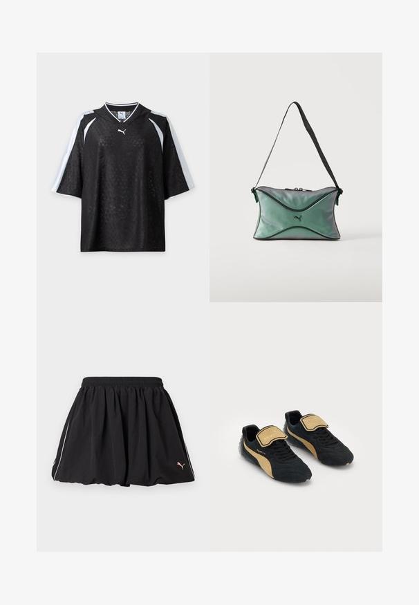 Maillot Puma noir à manches courtes avec une texture subtilement imprimée et des bandes blanches sur les épaules et les manches, présenté sur un fond blanc.; Jupe courte sportive noire avec taille élastique, liseré blanc sur le côté et petit logo Puma sur le côté inférieur droit.; Baskets noires et beiges dotées d'un dessus texturé, d'un bout arrondi, d'un laçage à l'avant et d'une sangle Velcro avec le logo "FENTY".; Petit sac d'épaule vert irisé avec bordure noire, sangle réglable noire, fermeture éclair et logo Puma au centre avant.