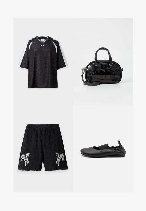 Μαύρο ποδηλατικό μπλουζάκι Puma με κοντά μανίκια, διακριτή υφή με μοτίβο και λευκές ρίγες στους ώμους και τα μανίκια, παρουσιασμένο σε λευκό φόντο.; Μαύρο σορτσάκι με υφή υφάσματος; διαθέτει λευκή κεντημένη σχεδίαση και στις δύο πλευρές και αντίθεση ραφής κατά μήκος του στριφώματος. Ελαστική μέση.; Μαύρο μπαλαρίνι φτιαγμένο από λεία συνθετική ύλη, με ελαστική ταινία, στρογγυλή μύτη και μικρό τακούνι, με λεπτομέρεια σε συγκεντρωμένη ραφή στο πίσω μέρος.; Μαύρη τσάντα πατέντας από δέρμα με διπλές λαβές στην κορυφή, αποσπώμενος ιμάντας ώμου, στρογγυλή μορφή και έντονα ανάγλυφο λογότυπο "PUMA".
