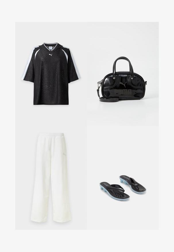 Camiseta Puma negra de manga corta con una textura sutilmente estampada y rayas blancas en los hombros y las mangas, mostrada sobre un fondo blanco.; Pantalones deportivos blancos de corte holgado con cintura elástica y un logo sutil en el lateral del muslo derecho.; Chanclas Puma negras y azules con tacones bajos y tiras tipo thong sobre un fondo blanco.; Bolso de mano de charol negro con dos asas superiores, correa para el hombro desmontable, forma redondeada y destacado logo en relieve de "PUMA".