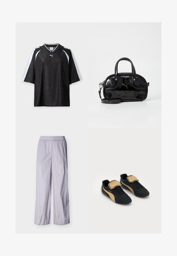 Maillot Puma noir à manches courtes avec une texture subtilement imprimée et des bandes blanches sur les épaules et les manches, présenté sur un fond blanc.; Pantalon léger violet clair avec ceinture élastique et jambes larges, présenté sur un fond blanc uni.; Baskets noires et beiges dotées d'un dessus texturé, d'un bout arrondi, d'un laçage à l'avant et d'une sangle Velcro avec le logo "FENTY".; Sac à main en cuir verni noir avec des poignées supérieures doubles, une bandoulière amovible, une forme arrondie et un logo "PUMA" en relief bien visible.