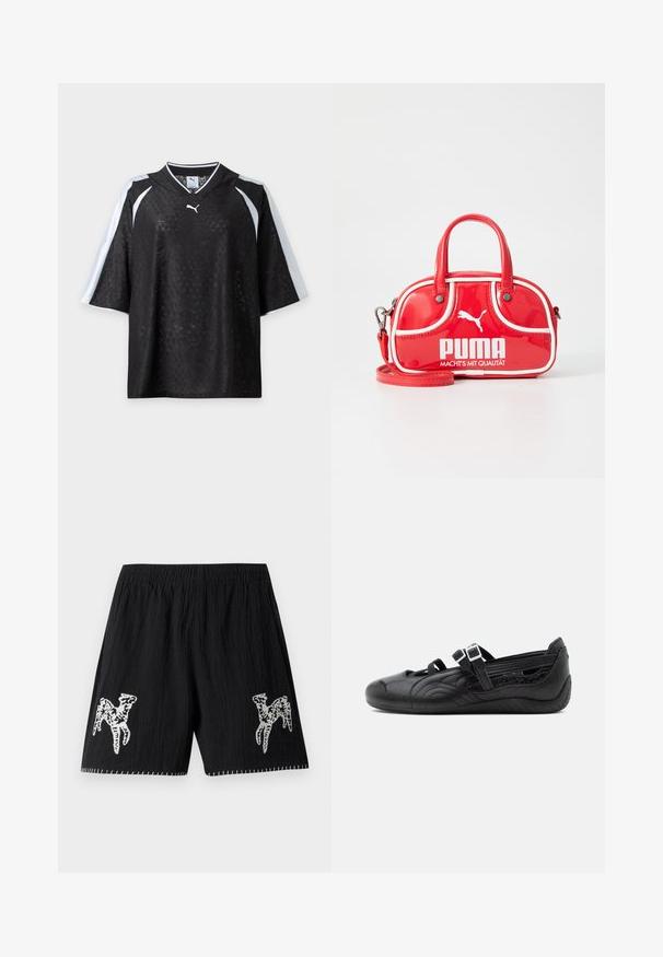 Sort Puma kortærmet trøje med subtilt mønstret tekstur og hvide striber på skuldre og ærmer, vist på hvid baggrund.; Sorte shorts i struktureret stof; har hvid broderet design på begge ben og kontrastsyninger langs kanten. Elastisk talje.; Sort flad Mary Jane sko med tekstureret mønster, to justerbare spænderem, og lavprofilsål på ensfarvet baggrund.; Rød lakeret mini håndtaske med hvide accenter, rund form, dobbelte håndtag, aftagelig skulderrem og fremtrædende PUMA-logo.