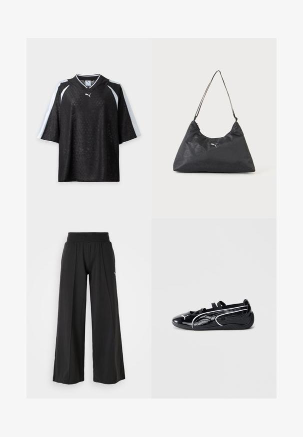 Maillot Puma noir à manches courtes avec une texture subtilement imprimée et des bandes blanches sur les épaules et les manches, présenté sur un fond blanc.; Pantalons larges noirs en tissu texturé, avec une taille élastique et un accent du logo PUMA. Design simple avec une coupe décontractée.; Chaussure en cuir verni noir avec un profil bas, dotée d'un bout arrondi, de sangles élastiques noires et d'accents blancs sur les côtés.; Sac à bandoulière triangulaire noir avec une fine sangle, motif monogramme subtil et petit logo Puma argenté au centre.