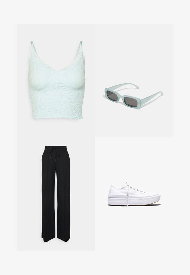 BDG Urban Outfitters Top - light blue; Zwarte wijde pijpen broek gemaakt van zachte stof. Heeft een elastische tailleband met trekkoord, strakke lijnen en geen zichtbare patronen of accenten.; Witte lage canvas sneaker met dikke plateauzool, veters aan de voorkant en rubberen toeskap met structuur, zijaanzicht.; Een paar rechthoekige zonnebrillen met lichtblauwe doorzichtige monturen en donkergrijze glazen, met rechte pootjes en minimale hardwaredetails.