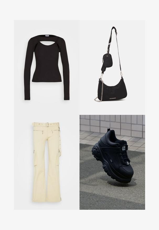 Noisy May NMTOKYO CUT OUT - Top s dlhým rukávom - black; The Ragged Priest FIELD TROUSERS - Kapsáče - stone; Čierne robustné tenisky s hladkým koženým povrchom, viazaním vpredu, pohodlnou podrážkou a embosovaným logom na boku. Viditeľná textúrovaná podrážka.; Čierna nylonová taška cez rameno so zakriveným tvarom, strieborným reťazovým akcentom, odnímateľnou mini taškou a nastaviteľným popruhom; má logo "Steve Madden".