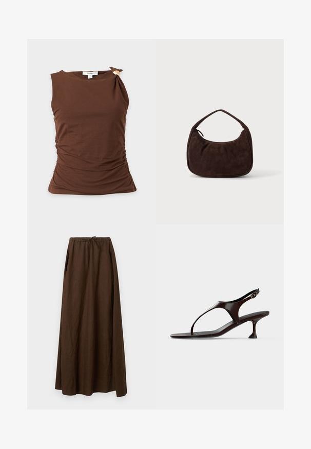 Haut marron sans manches avec côtés froncés et un petit détail bouton couleur crème sur l'épaule gauche, taille moyenne, posé à plat sur fond blanc.; Jupe longue en lin brun avec une taille élastique et un cordon de serrage. Caractérisée par un design ample et fluide avec des plis sur les côtés. Texture lisse.; Sandale slingback en cuir verni marron foncé avec petit talon et bride entre les orteils sur fond blanc.; Sac à main en daim marron foncé avec une courte sangle et une forme rectangulaire arrondie sur un fond uni clair.