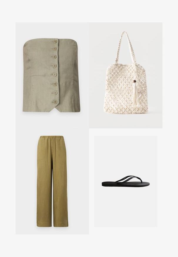 Top sin tirantes en lino verde claro con escote recto, presenta seis grandes botones redondos en la parte delantera y un dobladillo en punta.; Pantalones de pierna ancha en caqui con cintura elástica, hechos de material de algodón suave. Presentan aberturas laterales y un corte recto, ofreciendo un ajuste relajado.; Chancla negra de goma con plantilla texturizada y finas correas en forma de Y sobre un fondo blanco liso.; Bolsa tote de algodón blanco tejido con asas trenzadas y un adorno colgante de flecos con detalle de cuenta de madera.