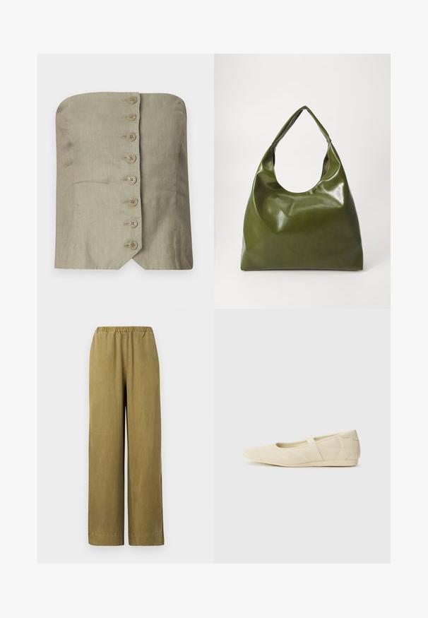 Top sin tirantes en lino verde claro con escote recto, presenta seis grandes botones redondos en la parte delantera y un dobladillo en punta.; Pantalones de pierna ancha en caqui con cintura elástica, hechos de material de algodón suave. Presentan aberturas laterales y un corte recto, ofreciendo un ajuste relajado.; Bailarinas beige con un exterior de cuero liso, punta en forma de almendra y una correa elástica en el empeine, con detalles de costura sutiles.; Bolsa hobo verde de cuero con un diseño suave, asa curvada y textura lisa. No contiene hardware visible ni acentos.