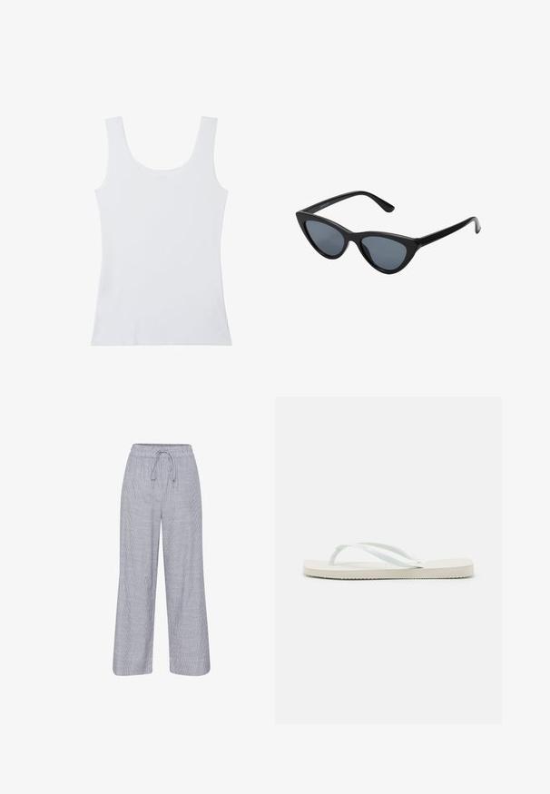Top sin mangas de color blanco simple con tirantes anchos y escote redondeado, presentado sobre un fondo blanco.; Pantalones anchos de rayas grises y blancas con cintura elástica y cordón. Tela ligera con un corte relajado.; Havaianas SLIM SQUARE - Sandalias de dedo - white; Gafas de sol negras en forma de ojo de gato con lentes gris oscuro, marco de plástico elegante, esquinas puntiagudas y patillas rectas. Sin herrajes ni acentos visibles.