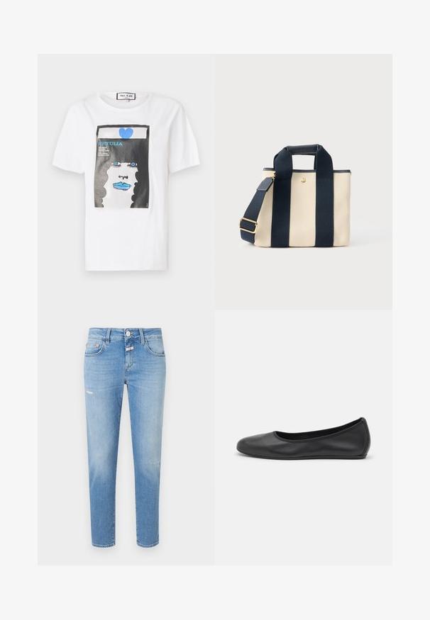 Weißes Baumwoll-T-Shirt mit einem grafischen Druck eines Gesichts mit blauen Lippen und Augen, umrahmt von einem schwarzen Rand und einem blauen Herzdetail.; Hellblaue Jeans mit Slim Fit, ausgestattet mit einem Knopfverschluss, leichter Waschung und klassischem Fünf-Taschen-Design.; Schwarze Leder-Ballettschuhe mit abgerundeter Spitze, glatter Textur, minimalen Nähdetails und einem flexiblen Sohlen-Design.; Kleine beige Canvas-Shopper-Tasche mit zwei breiten schwarzen vertikalen Trägern, kurzem Griff und verstellbarem Schultergurt mit goldener Schnalle.