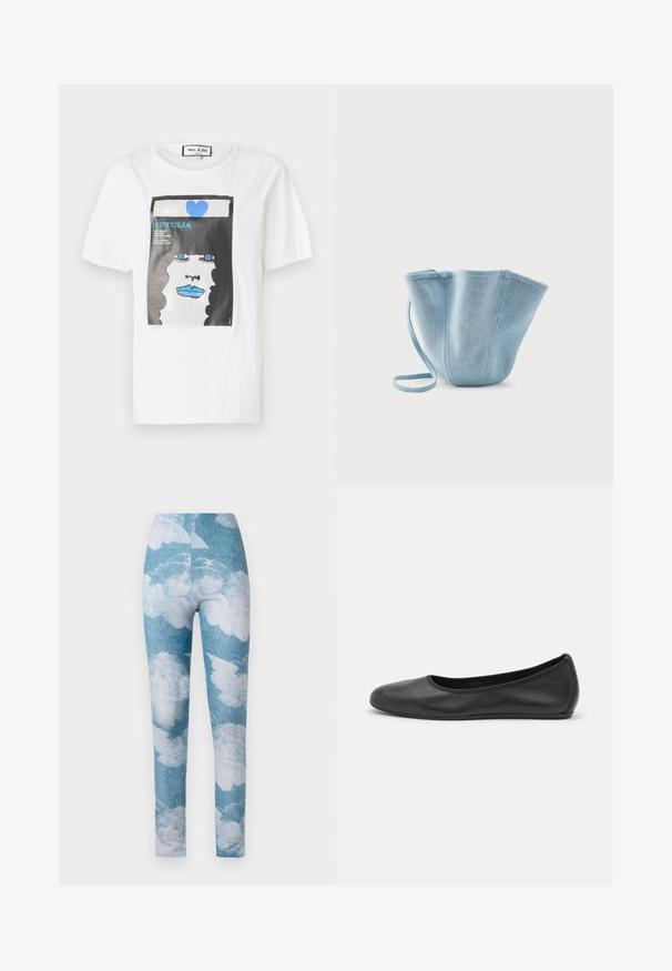 Hvid bomulds t-shirt med et grafisk print af et ansigt med blå læber og øjne, indrammet af en sort kant og detaljer i blå hjerte.; Leggings med en blå denim baggrund og hvide sky mønstre. Stoffet synes strækbart med en tætsiddende design og ankel længde.; Sort læderballetsko med rund tå, glat tekstur, minimal syning og et fleksibelt såldesign.; Lyseblå stofhåndtaske med lang strop, bred åbning øverst og stikninger i lodrette sømme, sat mod en ensfarvet hvid baggrund.