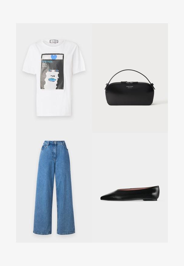 Witte katoen t-shirt met een grafische print van een gezicht met blauwe lippen en ogen, omrand door een zwarte rand en blauwe hartdetails.; Lichtblauwe wijde jeans van denim, met een hoge taille, vijf-pocket ontwerp en een metalen knoopsluiting aan de voorkant.; Zwarte leren damesschoen met platte zool, puntige neus en lage hak, zijwaarts afgebeeld tegen een effen lichtgrijze achtergrond.; Zwarte leren polstasje met zilveren ritssluiting en kort handvat, geperst Emporio Armani Milano 1981-logo aan de voorkant.