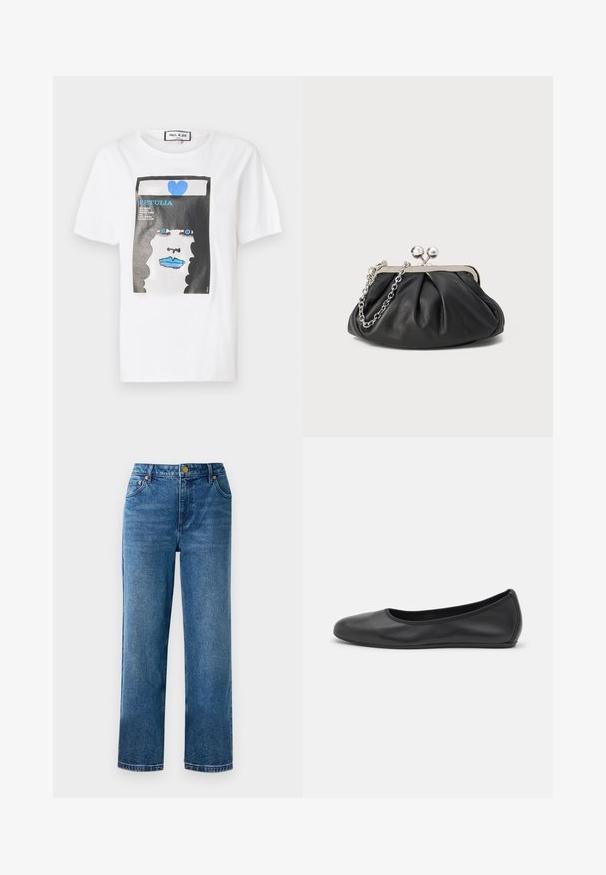 Witte katoen t-shirt met een grafische print van een gezicht met blauwe lippen en ogen, omrand door een zwarte rand en blauwe hartdetails.; Blauwe high-waisted jeans met een rechte-pijpen-snits, gemaakt van denim, met vijf zakken en details in goudkleurige hardware.; Zwarte leren ballerina met een ronde neus, gladde textuur, minimale stikdetails en een flexibele zoolontwerp.; Zwarte leren clutch met geplooide textuur, zilverkleurig metalen frame, drukknopsluiting en kettingriem. Glad, zacht oppervlak.