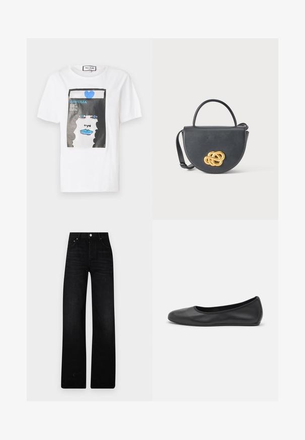 Hvid bomulds t-shirt med et grafisk print af et ansigt med blå læber og øjne, indrammet af en sort kant og detaljer i blå hjerte.; Sorte brede ben jeans lavet af denim. Har en høj talje, to forlommer og metalknaplukning. Struktureret overflade med minimal blege.; Sort læderballetsko med rund tå, glat tekstur, minimal syning og et fleksibelt såldesign.; Sort læderhåndtaske med en rund form, et håndtag øverst og en aftagelig rem. Har en fremtrædende guldfarvet knude som detalje foran.