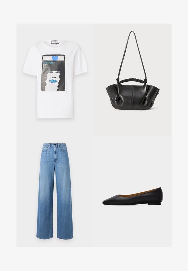 Hvid bomulds t-shirt med et grafisk print af et ansigt med blå læber og øjne, indrammet af en sort kant og detaljer i blå hjerte.; Lyseblå brede jeans lavet af denim, med høj talje, bælte loops, forlommer og kontraststikninger.; Sort læder flad sko med spids tå, lav hæl og glat finish, vist fra siden på en lysegrå baggrund.; Sort lædertaske med en struktureret overflade, bløde folder, dobbelte stropper og vævet detalje på håndtaget. Kompakt, med en åben-top design.