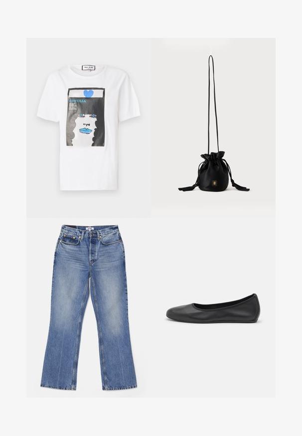 T-shirt en coton blanc avec un imprimé graphique d'un visage aux lèvres et aux yeux bleus, encadré par un bord noir et un détail en forme de cœur bleu.; RE/DONE LOOSE - Jean bootcut - hacienda; Ballerines en cuir noir avec un bout rond, texture lisse, détails de couture minimalistes et design de semelle flexible.; Sac seau noir à cordon avec une longue sangle fine et un petit logo carré doré sur le devant, présenté sur un fond uni.