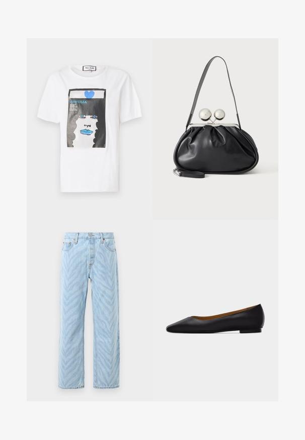 T-shirt en coton blanc avec un imprimé graphique d'un visage aux lèvres et aux yeux bleus, encadré par un bord noir et un détail en forme de cœur bleu.; Jeans droit light blue avec un motif subtil de rayures zèbres, fermeture par bouton et zip, et design à cinq poches.; Chaussure plate en cuir noir à bout pointu avec talon bas et finition lisse, vue de côté sur un fond gris clair.; Sac à main en cuir noir avec un design plissé, une sangle unique, un cadre métallique argenté et deux grandes fermoirs ronds en argent.