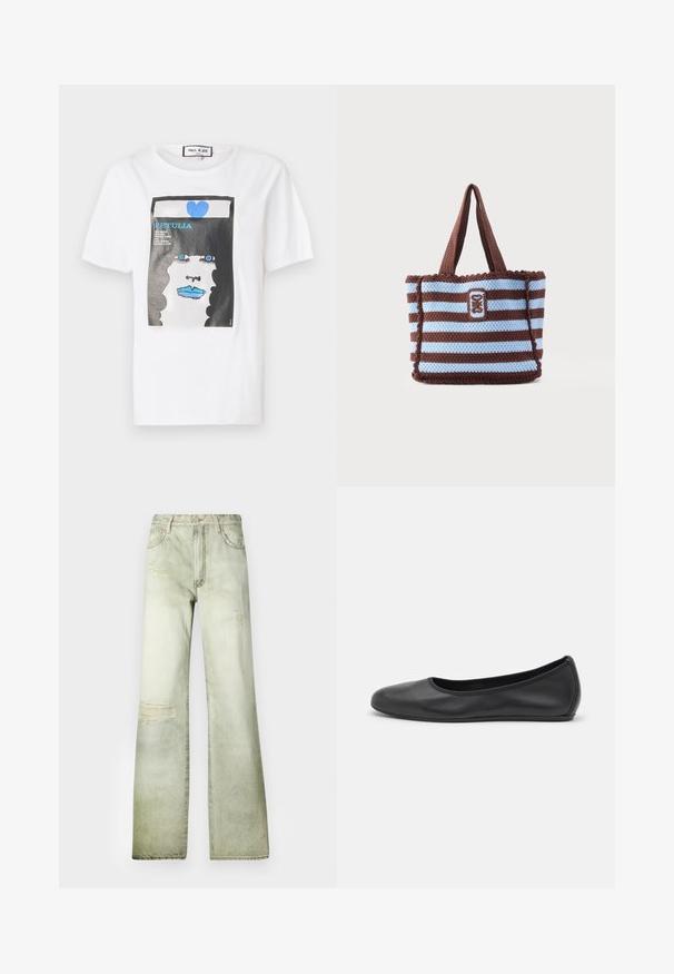 Witte katoen t-shirt met een grafische print van een gezicht met blauwe lippen en ogen, omrand door een zwarte rand en blauwe hartdetails.; Vervaagde groene denim jeans met een hoge taille, wijde pijp en versleten plekken. Voorzien van een knoopsluiting en vijf zakken.; Zwarte leren ballerina met een ronde neus, gladde textuur, minimale stikdetails en een flexibele zoolontwerp.; Bruin en lichtblauw gestreepte gehaakte draagtas met twee handvatten en een rechthoekige geborduurde patch aan de voorkant in het midden.