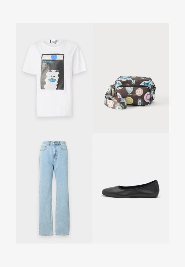 Hvid bomulds t-shirt med et grafisk print af et ansigt med blå læber og øjne, indrammet af en sort kant og detaljer i blå hjerte.; Lyseblå denimjeans med en lige benlængde, der har en lynlås i åbningen, fem lommer og subtile slidte detaljer.; Sort læderballetsko med rund tå, glat tekstur, minimal syning og et fleksibelt såldesign.; Crossbody taske med farverige ovale mønstre på mørk baggrund, front-lynlåslomme og justerbar rem, mærket "STINE GOYA" med guld bogstaver.