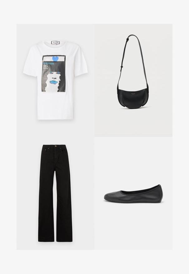 Weißes Baumwoll-T-Shirt mit einem grafischen Druck eines Gesichts mit blauen Lippen und Augen, umrahmt von einem schwarzen Rand und einem blauen Herzdetail.; Schwarze weit geschnittene Jeans aus robustem Stoff. Mit einem Frontknopfverschluss, Gürtelschlaufen und zwei vorderen Taschen. Glatte, einheitliche Textur.; Schwarze Leder-Ballettschuhe mit abgerundeter Spitze, glatter Textur, minimalen Nähdetails und einem flexiblen Sohlen-Design.; Schwarze, halbmondförmige Umhängetasche aus Leder mit verstellbarem Riemen und kleinem goldenem Logo in der Mitte vorne.