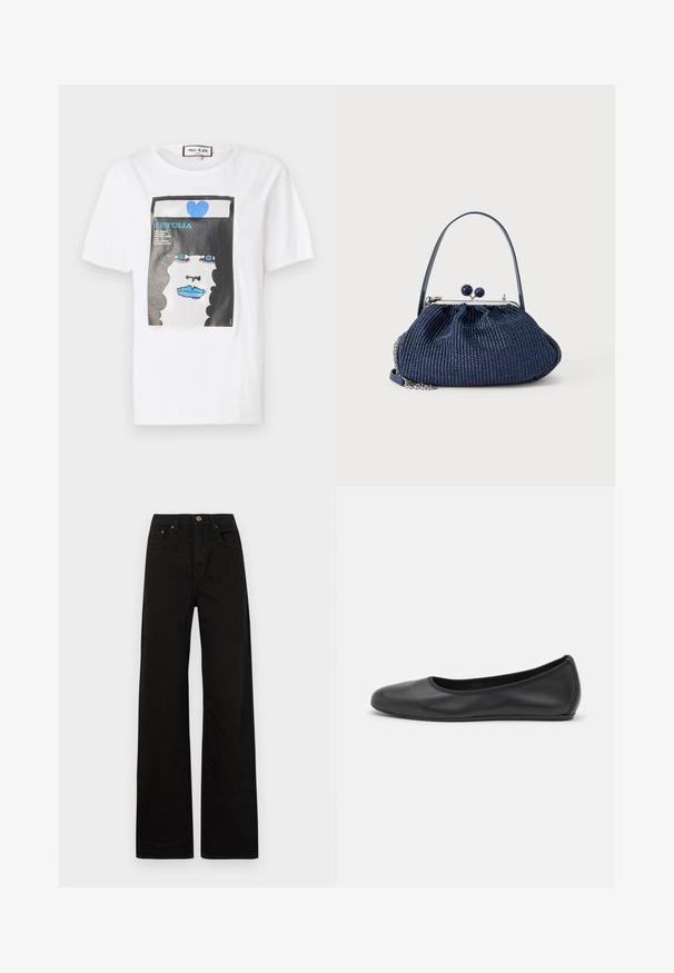 Hvid bomulds t-shirt med et grafisk print af et ansigt med blå læber og øjne, indrammet af en sort kant og detaljer i blå hjerte.; Sorte breddebenede jeans lavet af solidt stof. Har en frontknaplukning, bælteløkker og to forlommer. Glat, ensartet tekstur.; Sort læderballetsko med rund tå, glat tekstur, minimal syning og et fleksibelt såldesign.; Håndtaske i marineblåt vævet stof med rund lukning, kort håndtag og detaljer i sølvkæde mod en ensfarvet lys baggrund.
