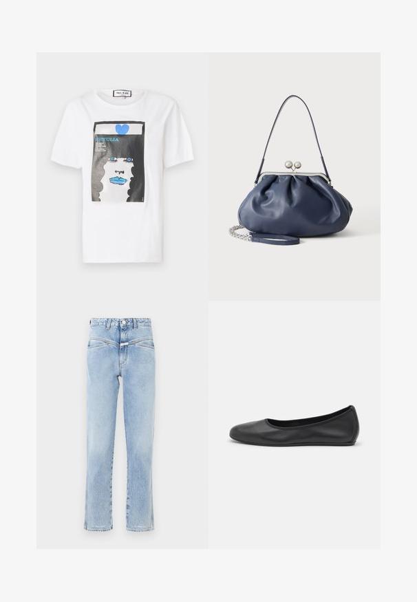 T-shirt en coton blanc avec un imprimé graphique d'un visage aux lèvres et aux yeux bleus, encadré par un bord noir et un détail en forme de cœur bleu.; Jean en denim bleu clair avec taille haute et coupe droite. Présente un léger délavage, un design standard à cinq poches, et une fermeture à bouton en métal.; Ballerines en cuir noir avec un bout rond, texture lisse, détails de couture minimalistes et design de semelle flexible.; Sac à main en cuir bleu marine doux avec fermeture à boucle argentée, une seule bandoulière, et une chaîne de poignet amovible sur fond blanc.