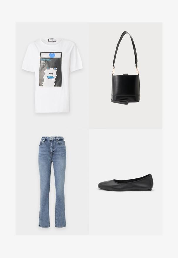 Witte katoen t-shirt met een grafische print van een gezicht met blauwe lippen en ogen, omrand door een zwarte rand en blauwe hartdetails.; Hoge taille blauwe spijkerbroek met een recht pasvorm, voorzien van een klassieke vijf-pocketstijl en subtiele stikselaccenten.; Zwarte leren ballerina met een ronde neus, gladde textuur, minimale stikdetails en een flexibele zoolontwerp.; Zwarte leren bucketbag met brede verstelbare schouderriem en afneembare polsband op een lichtgrijze achtergrond.
