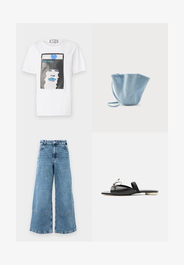Weißes Baumwoll-T-Shirt mit einem grafischen Druck eines Gesichts mit blauen Lippen und Augen, umrahmt von einem schwarzen Rand und einem blauen Herzdetail.; Helle blaue Denim-Wide-Leg-Jeans mit hoher Taille, großen Fronttaschen und sichtbaren Nähten. Verfügt über ein klassisches Fünf-Taschen-Design.; Schwarze flache Sandale aus Leder mit quadratischer Spitze, vorderer Kordelzug-Detail und dünnem Knöchelriemen vor weißem Hintergrund.; Hellblauer Stoff-Beuteltasche mit langem Riemen, weiter oberer Öffnung und genähten vertikalen Nähten, vor einem schlichten weißen Hintergrund abgebildet.