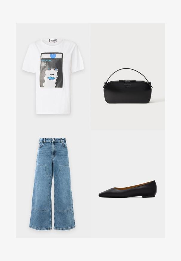 Weißes Baumwoll-T-Shirt mit einem grafischen Druck eines Gesichts mit blauen Lippen und Augen, umrahmt von einem schwarzen Rand und einem blauen Herzdetail.; Helle blaue Denim-Wide-Leg-Jeans mit hoher Taille, großen Fronttaschen und sichtbaren Nähten. Verfügt über ein klassisches Fünf-Taschen-Design.; Schwarzer flacher Schuh aus Leder mit spitz zulaufender Vorderkappe, niedrigem Absatz und glatter Oberfläche, von der Seite vor einem hellgrauen Hintergrund dargestellt.; Schwarze Leder-Armbandtasche mit silbernem Reißverschluss und kurzem Griff, geprägtes Emporio Armani Milano 1981-Logo auf der Vorderseite.