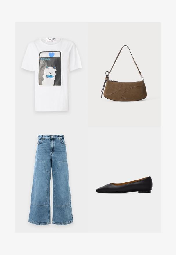 Camiseta de algodón blanca con un estampado gráfico de una cara con labios y ojos azules, enmarcada por un borde negro y un detalle de corazón azul.; Jeans de denim celeste de piernas anchas con una cintura alta, grandes bolsillos frontales y costuras visibles. Presenta un diseño clásico de cinco bolsillos.; Zapato plano de punta puntiaguda de cuero negro con tacón bajo y acabado liso, mostrado de perfil sobre un fondo gris claro.; Bolso de hombro de ante marrón con correa corta, cierre de cremallera y detalles sutiles de costura curva.