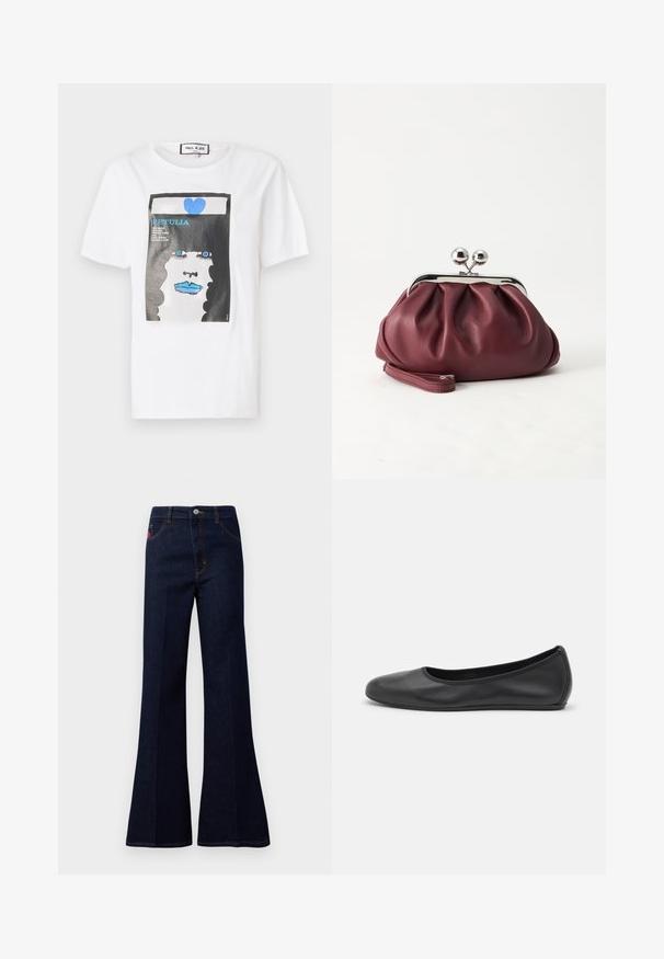 Witte katoen t-shirt met een grafische print van een gezicht met blauwe lippen en ogen, omrand door een zwarte rand en blauwe hartdetails.; Donkerblauwe hoge taille flared jeans met een knoop aan de voorkant, rits, zij- en achterzakken, en contrasterende stiksels.; Zwarte leren ballerina met een ronde neus, gladde textuur, minimale stikdetails en een flexibele zoolontwerp.; Kleine bordeauxrode leren clutch-portemonnee met zilverkleurige metalen sluiting en polsbandje op een witte achtergrond.